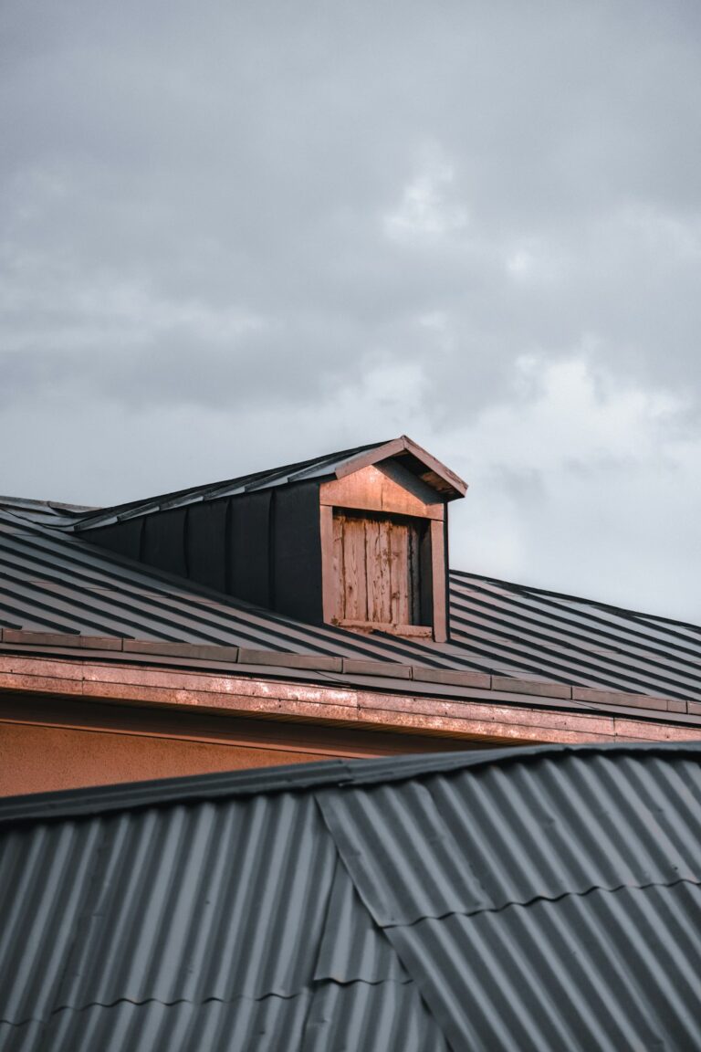 Residential roof with slate, metal, and asphalt roofing samples beside tools and winter-weather inspection notes.