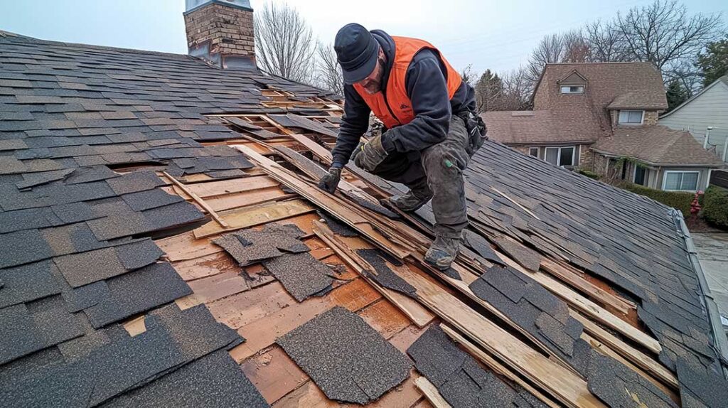 A shingled roof with a raised cricket directing water around a brick chimney.