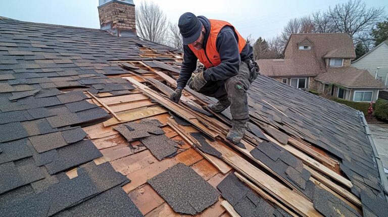 A shingled roof with a raised cricket directing water around a brick chimney.